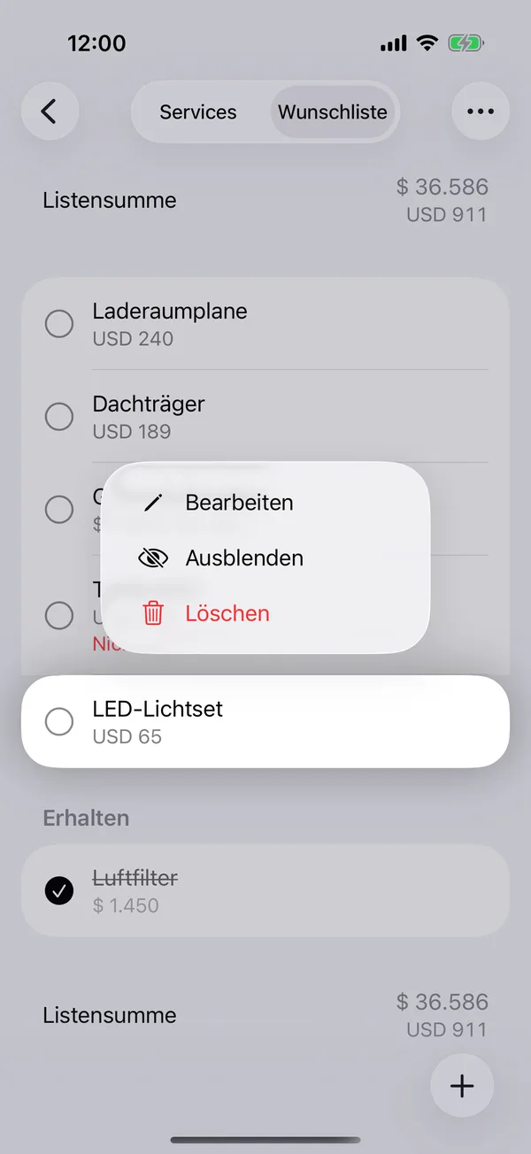 Das Menü eines Artikels mit Bearbeiten, Ausblenden und Löschen