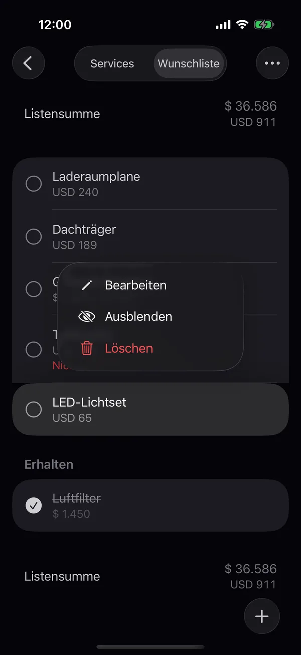 Das Menü eines Artikels mit Bearbeiten, Ausblenden und Löschen