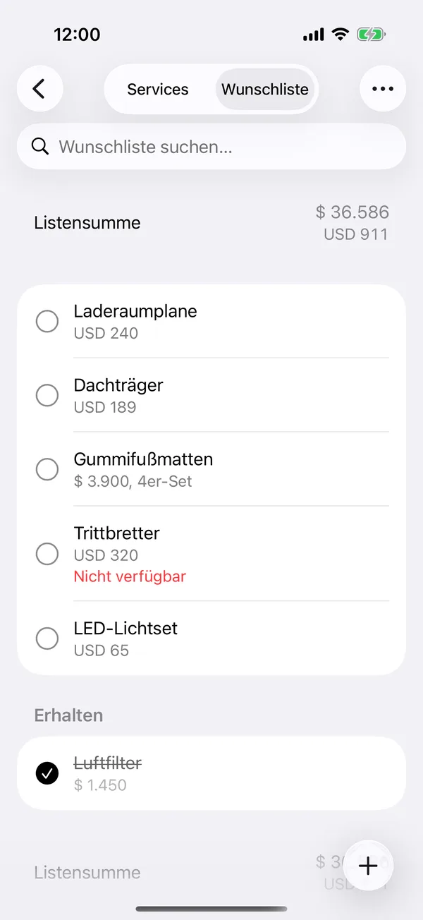 Die Wunschliste eines Fahrzeugs mit Artikeln und Preisen