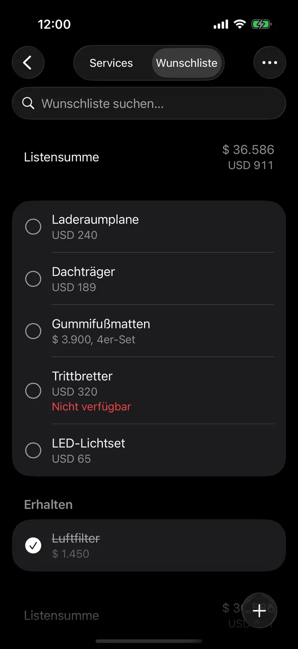 Die Wunschliste eines Fahrzeugs mit Artikeln und Preisen