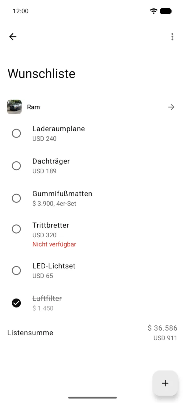 Alle deine Listen, mit der Summe jedes Fahrzeugs und aller zusammen