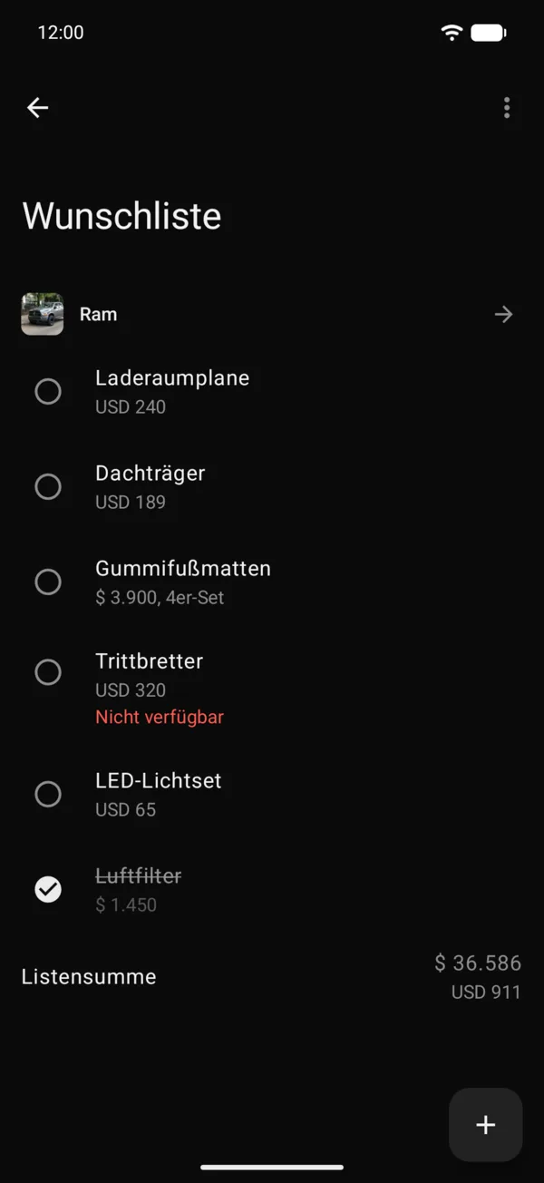 Alle deine Listen, mit der Summe jedes Fahrzeugs und aller zusammen