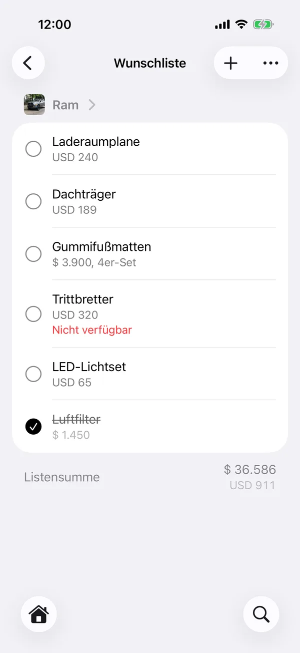Alle deine Listen, mit der Summe jedes Fahrzeugs und aller zusammen