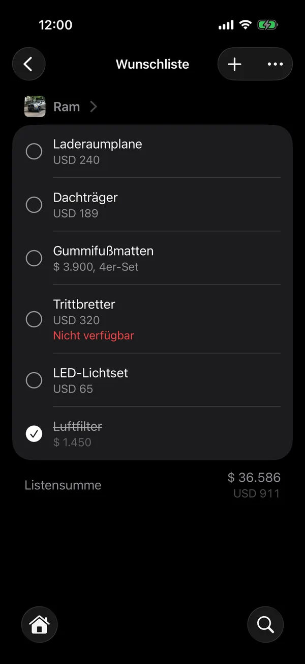 Alle deine Listen, mit der Summe jedes Fahrzeugs und aller zusammen