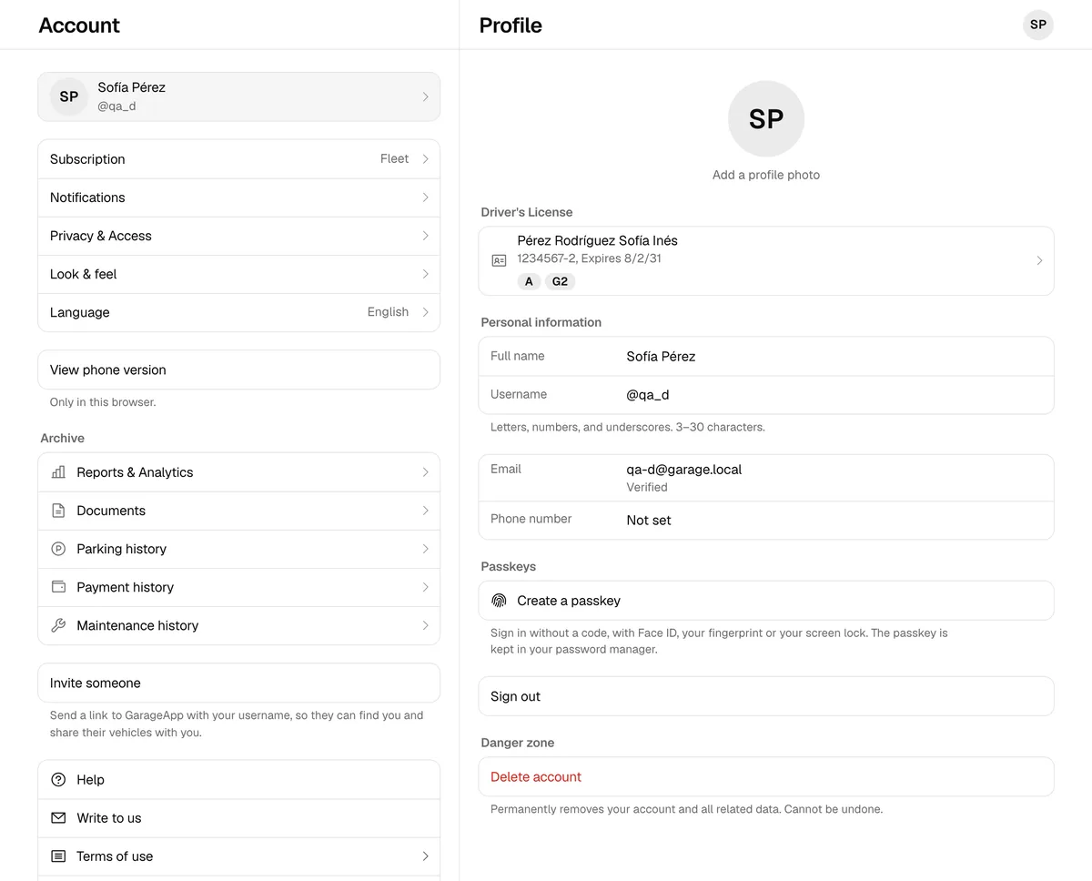 Your account on the web on a computer, with the list on the left and your personal information on the right