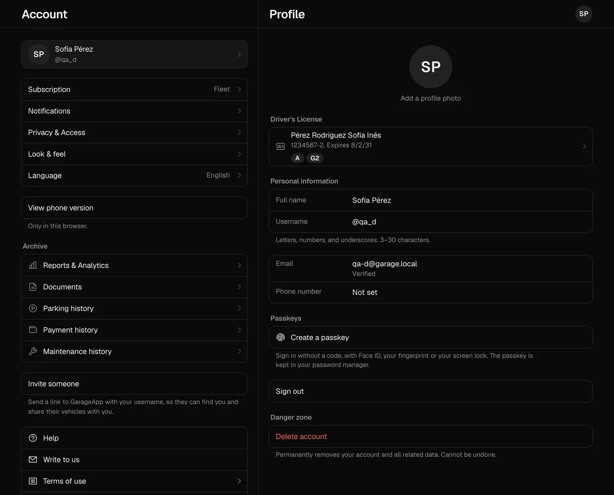 Your account on the web on a computer, with the list on the left and your personal information on the right