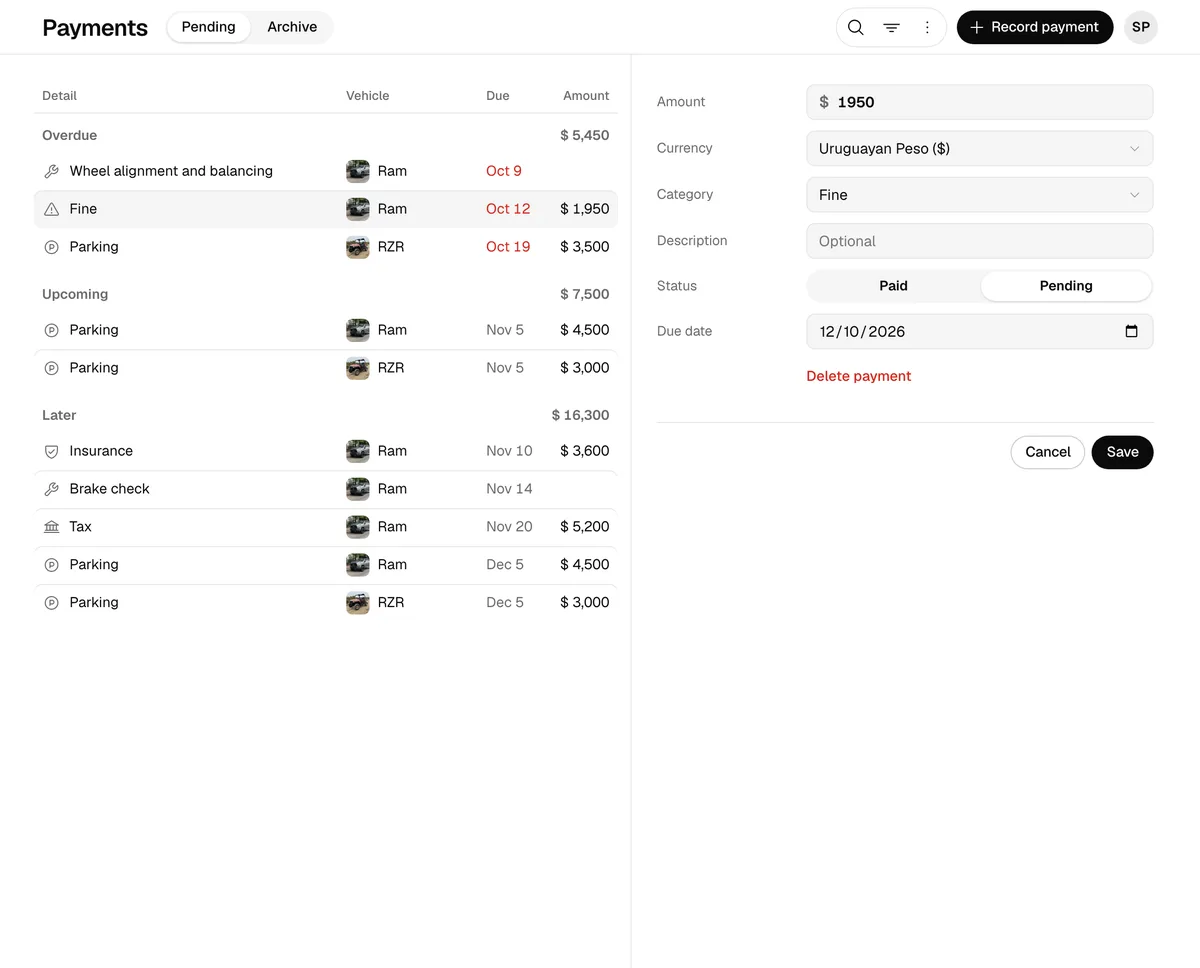 The web’s Payments tab on a computer, with the list and a payment open on the right