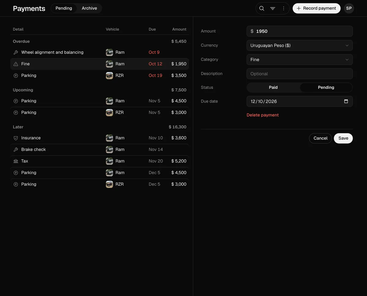 The web’s Payments tab on a computer, with the list and a payment open on the right