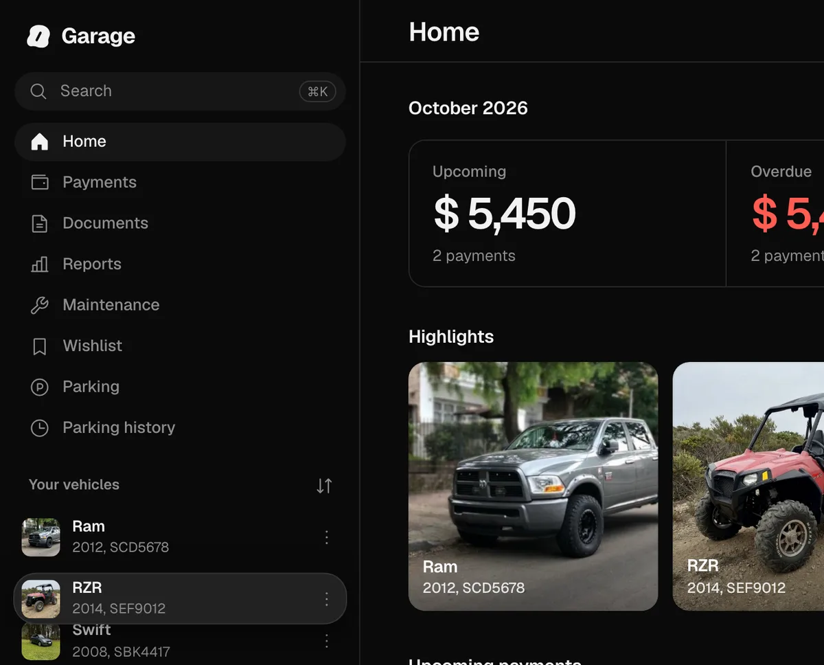 The web’s sidebar on a computer, with a vehicle being moved in Your vehicles