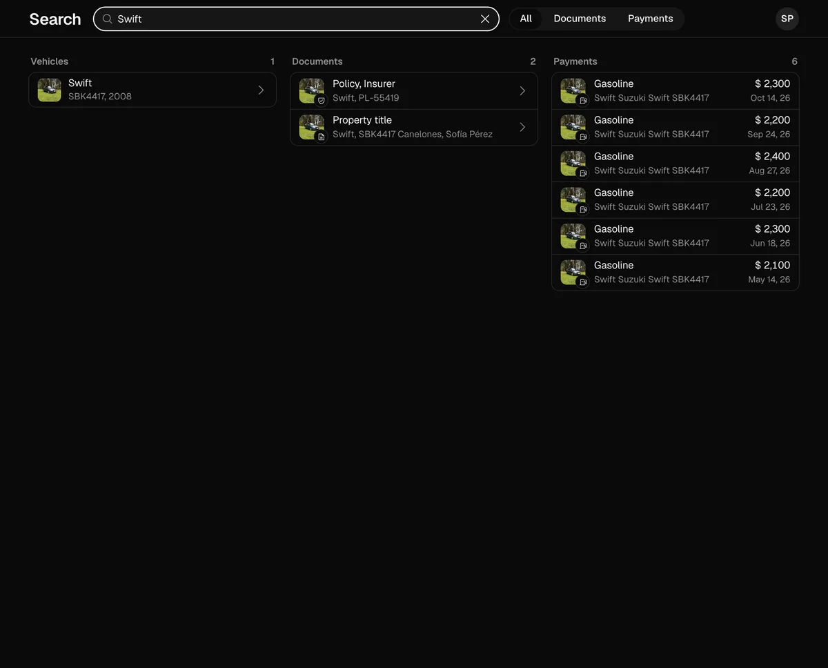 Search on the web on a computer, with vehicles, documents and payments side by side
