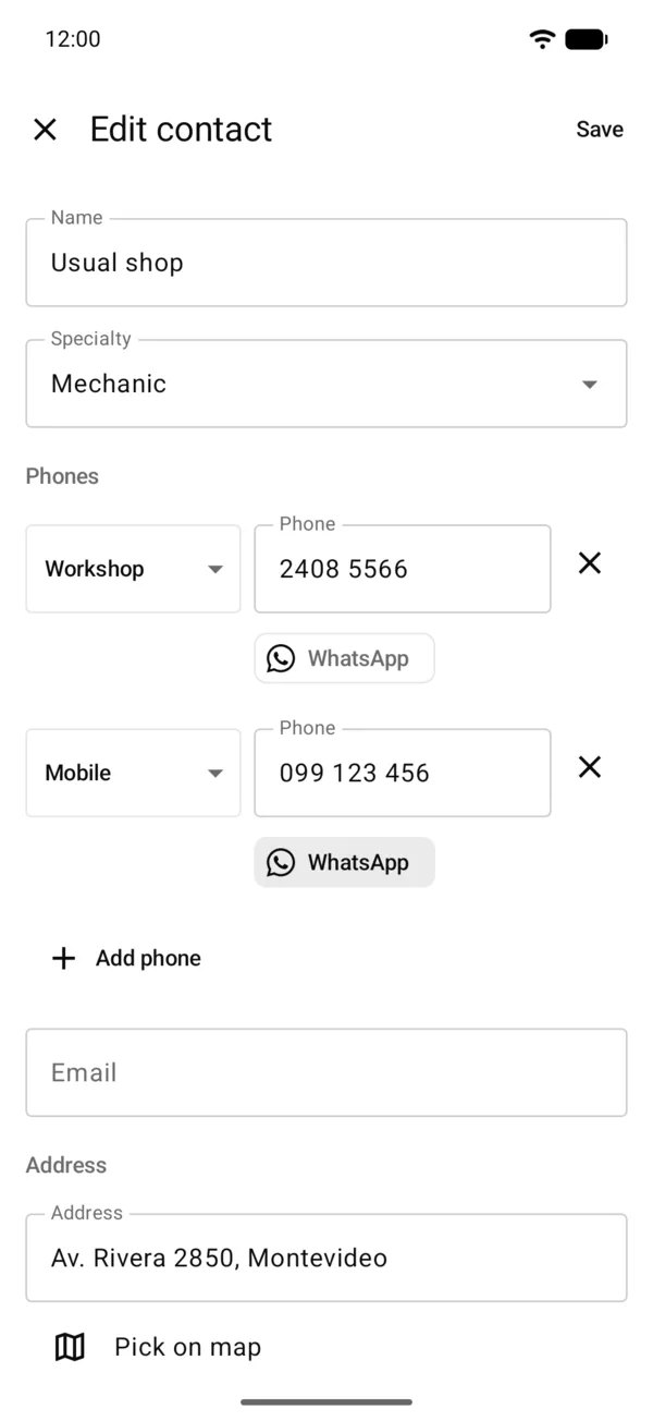 A contact with its specialty, phones, WhatsApp and address