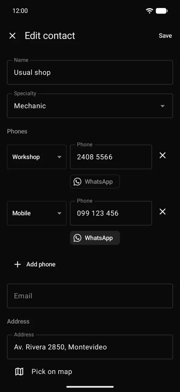 A contact with its specialty, phones, WhatsApp and address