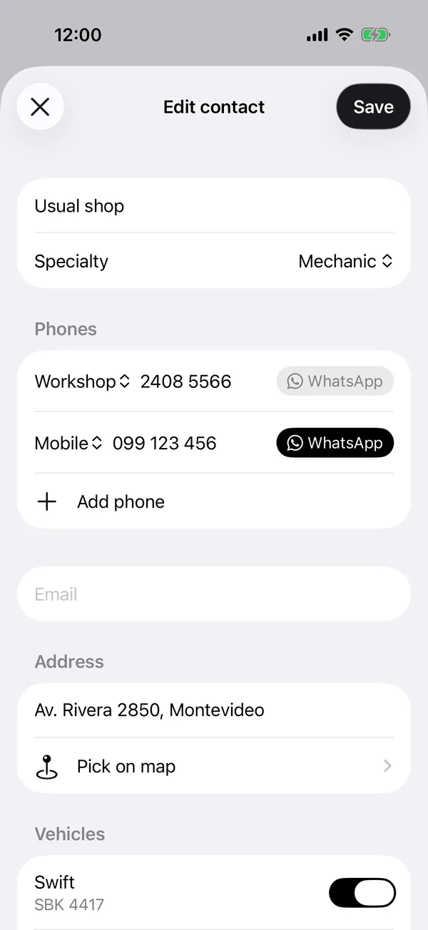 A contact with its specialty, phones, WhatsApp and address