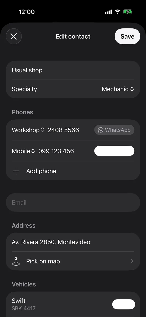 A contact with its specialty, phones, WhatsApp and address