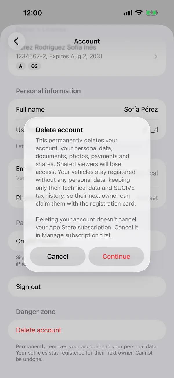 The Delete account alert with Cancel and Continue