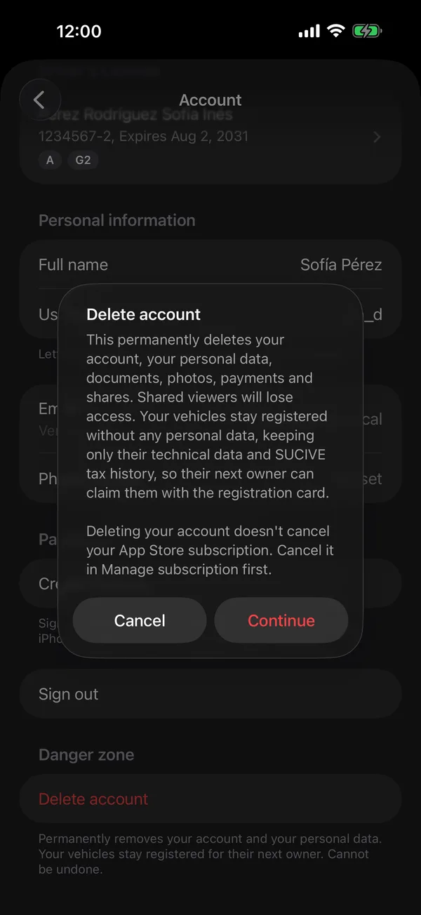 The Delete account alert with Cancel and Continue