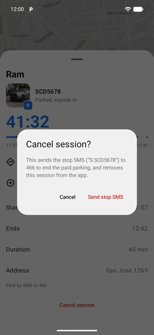The Cancel session alert with Send stop SMS