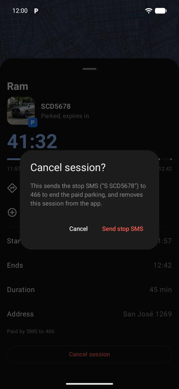 The Cancel session alert with Send stop SMS