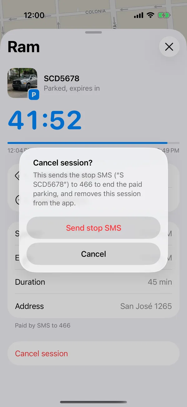 The Cancel session alert with Send stop SMS