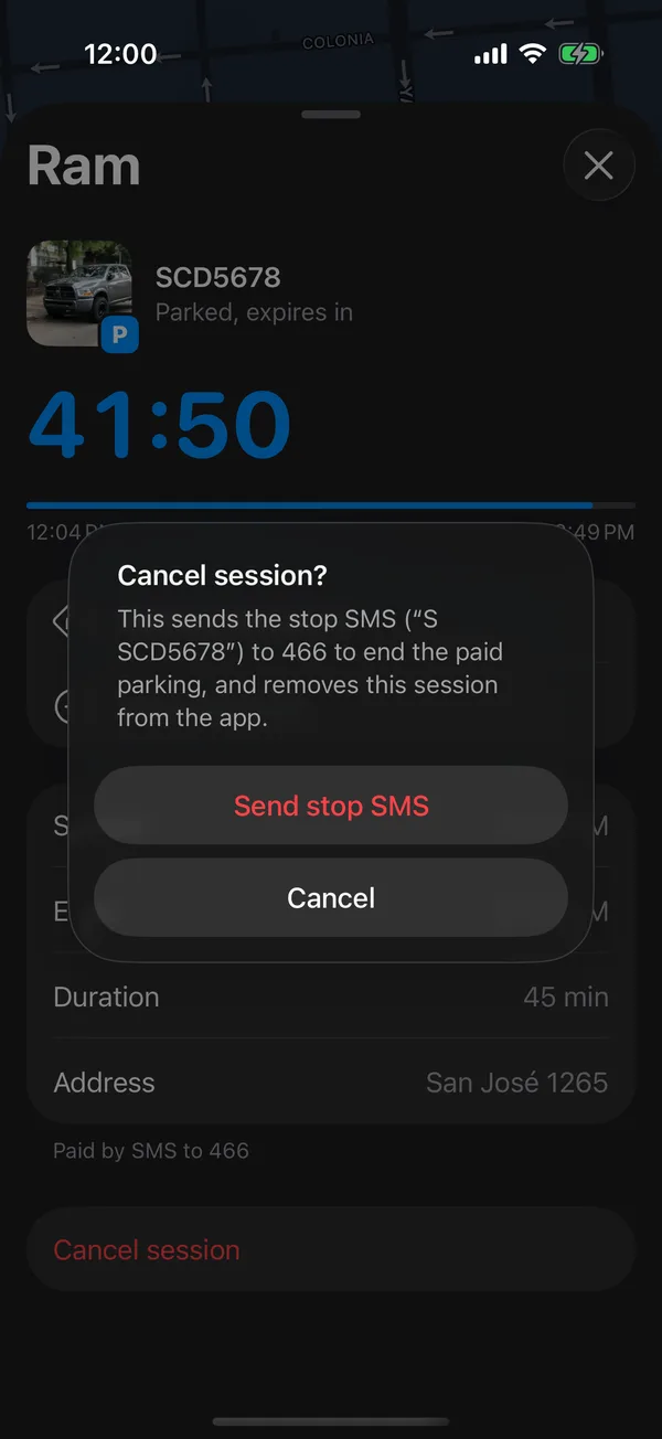 The Cancel session alert with Send stop SMS