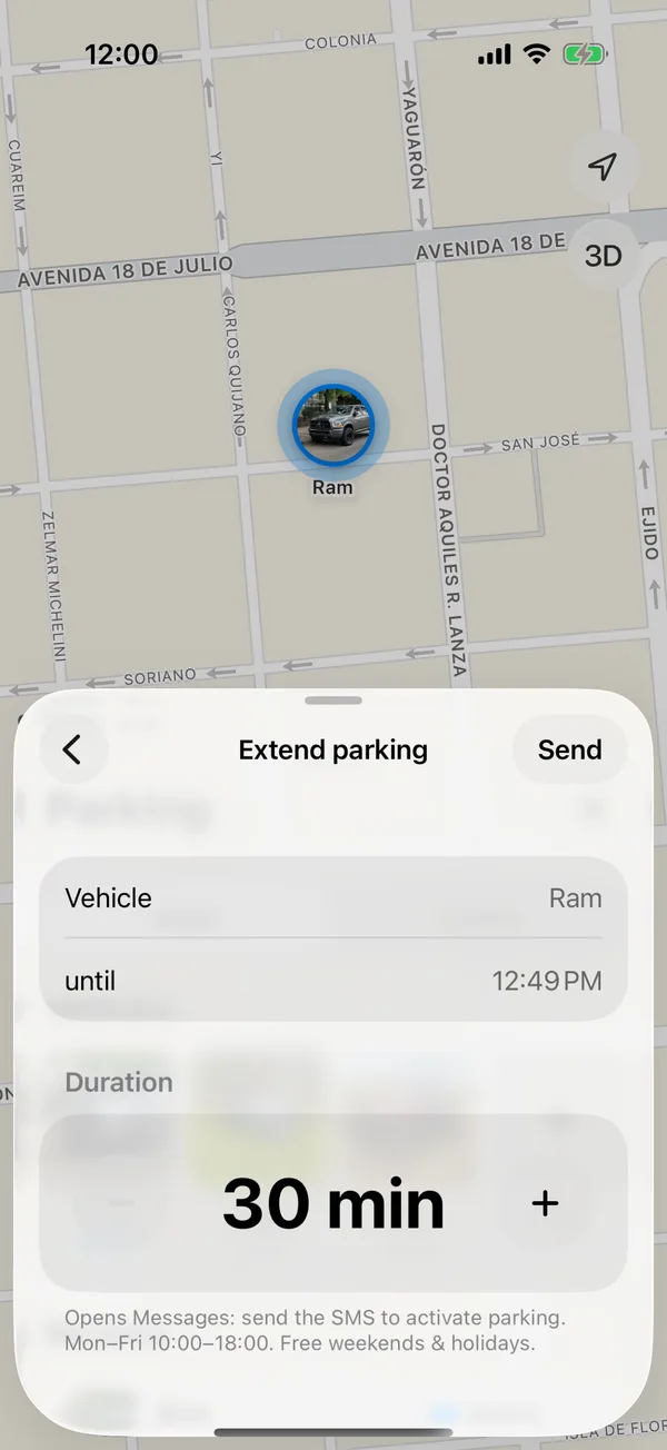 The Extend parking screen with the duration