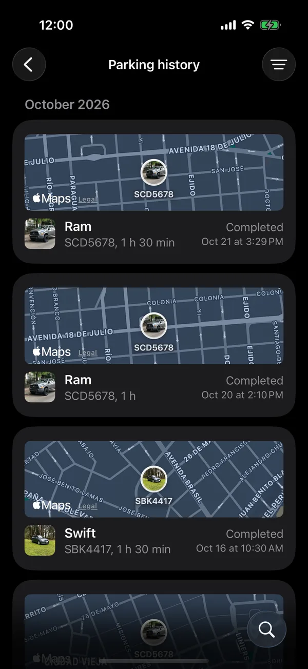 The parking history with one card per session