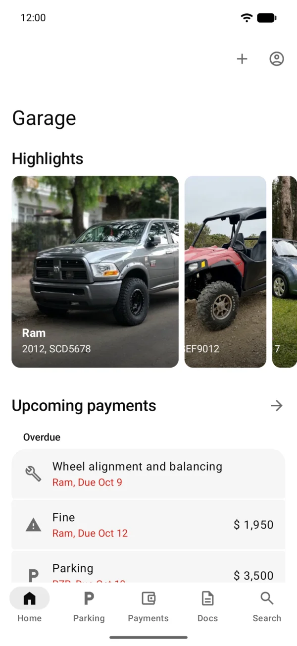 Home with Highlights, Upcoming payments and Your vehicles