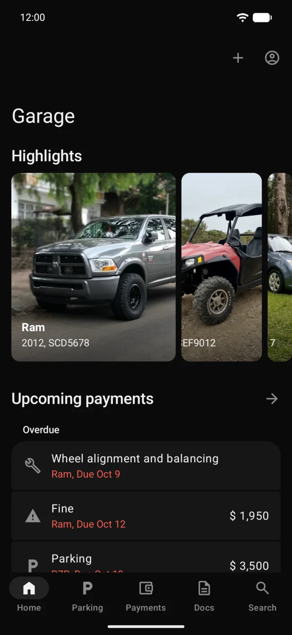 Home with Highlights, Upcoming payments and Your vehicles