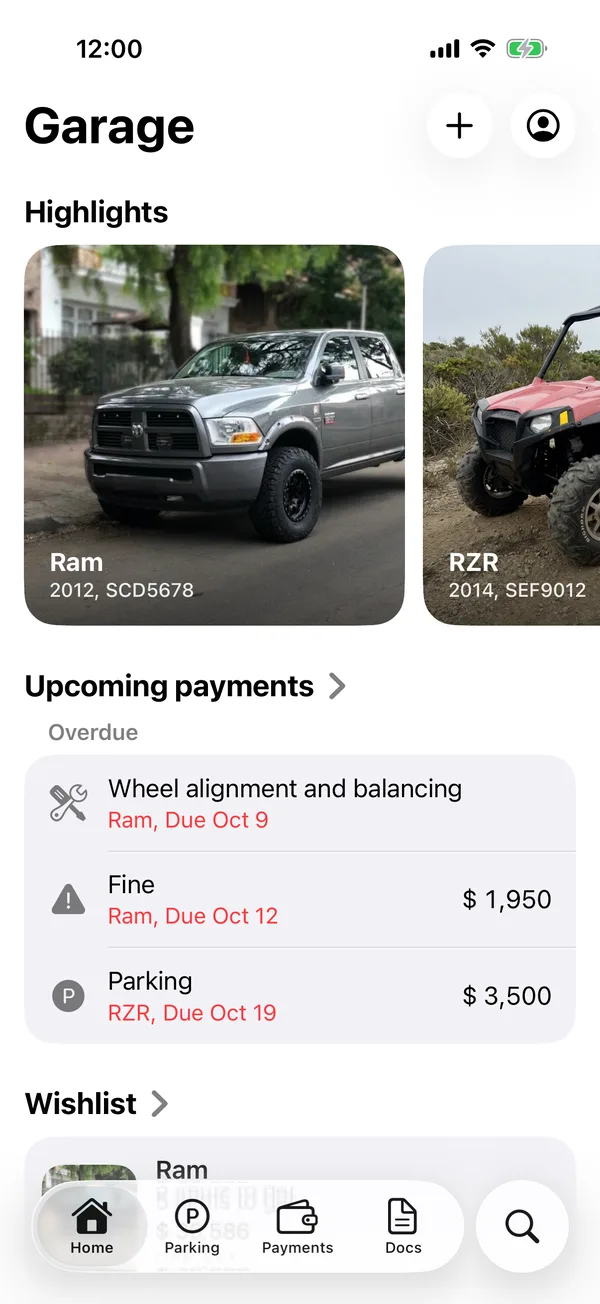 Home with Highlights, Upcoming payments and Your vehicles