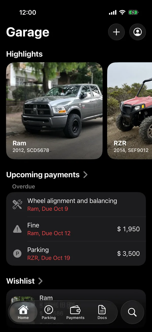 Home with Highlights, Upcoming payments and Your vehicles