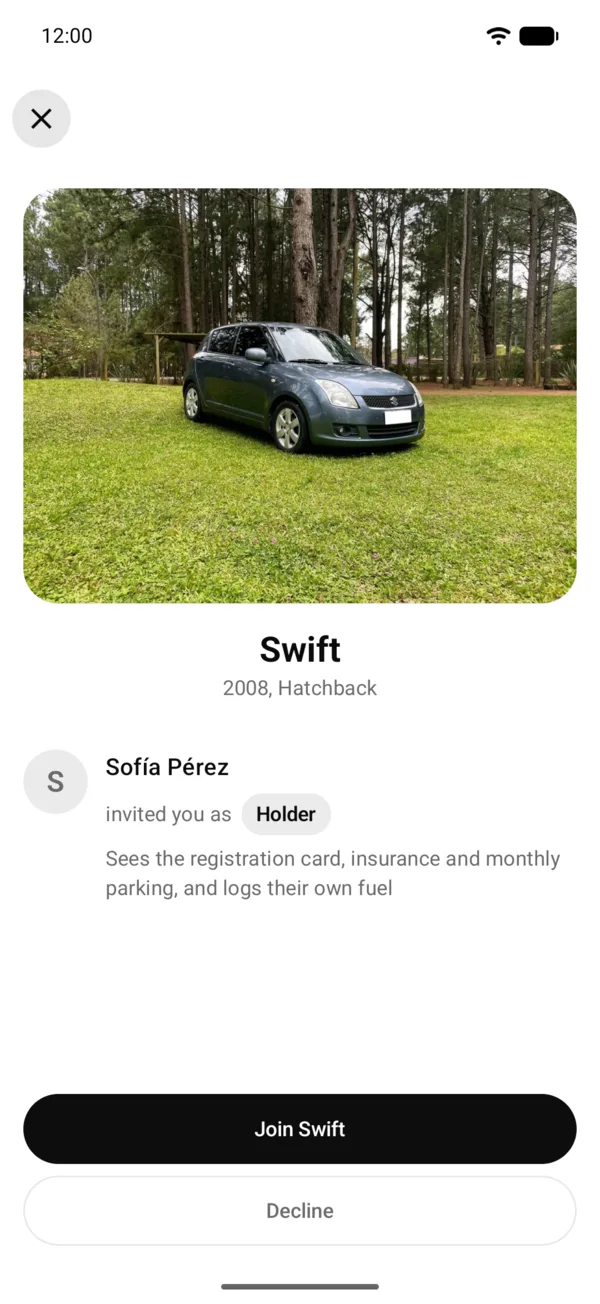 An invitation to a vehicle with the role and the Join button