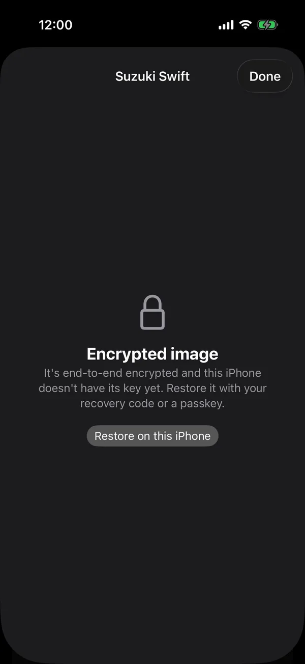 A registration card with Encrypted image and Restore on this iPhone