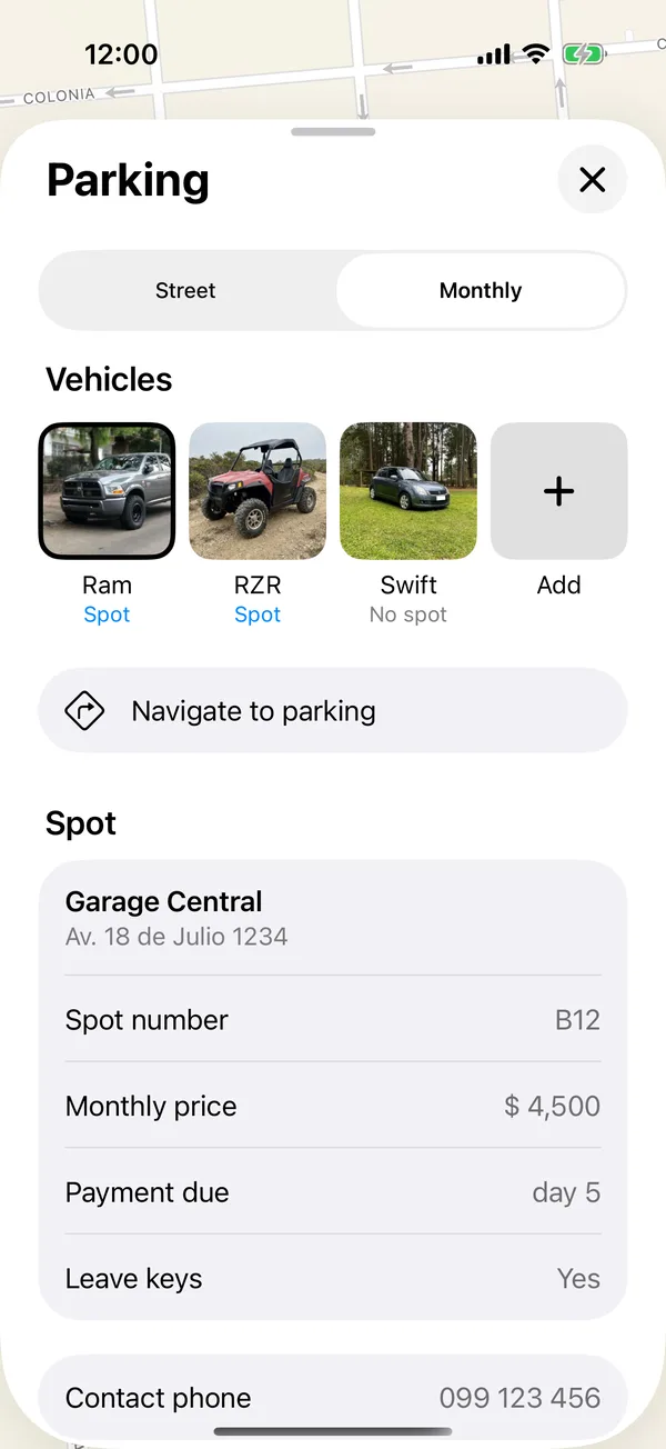 A saved spot with Navigate to parking and its details