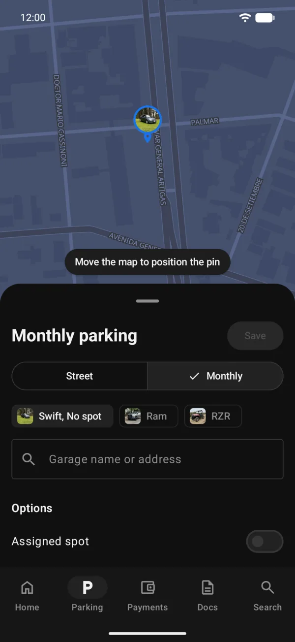 The monthly parking form with Options and Details