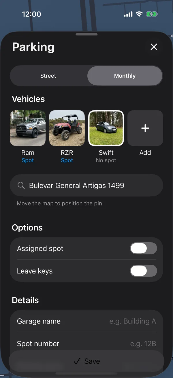 The monthly parking form with Options and Details