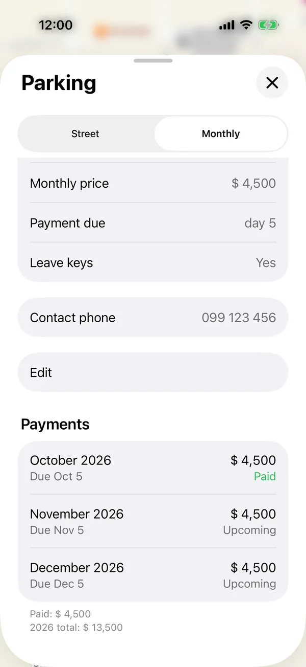 A spot’s Payments section, with each month and its status
