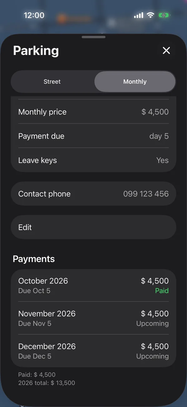 A spot’s Payments section, with each month and its status