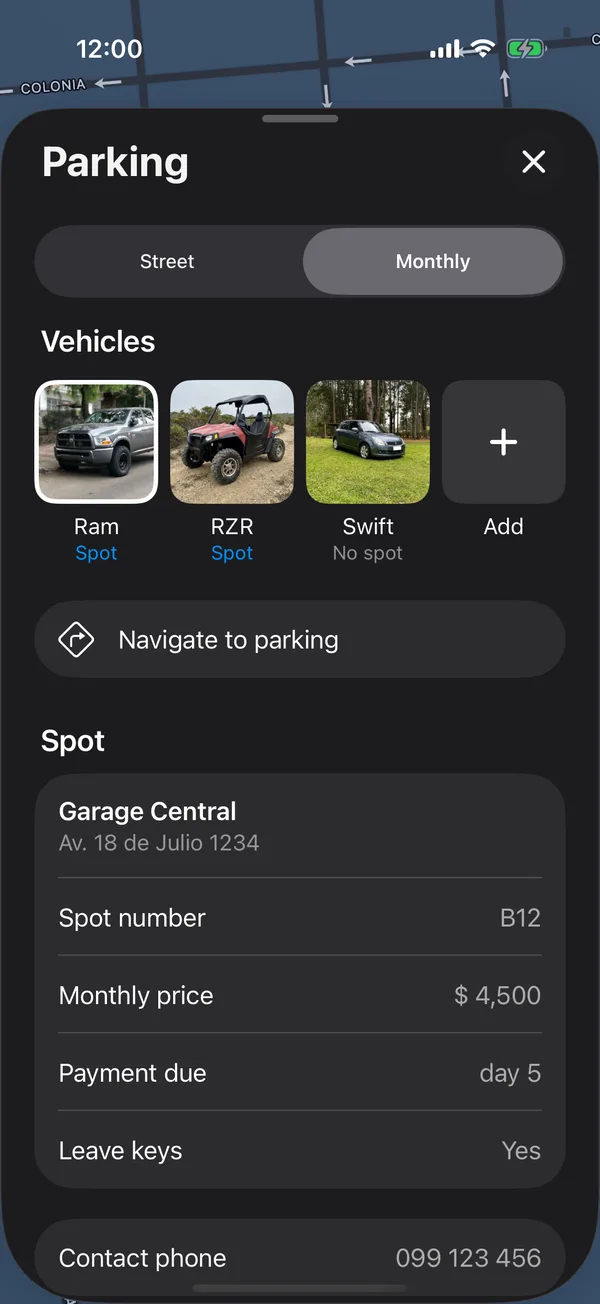 A saved spot with Navigate to parking and its details