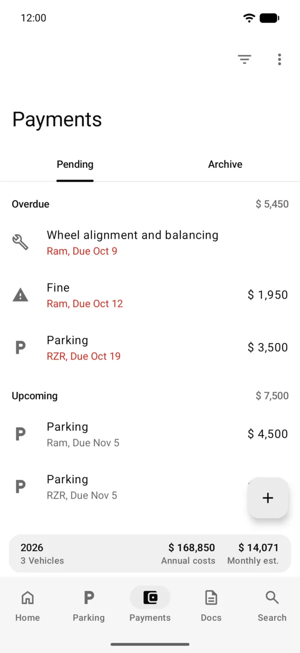 The Payments tab with every vehicle’s pending payments