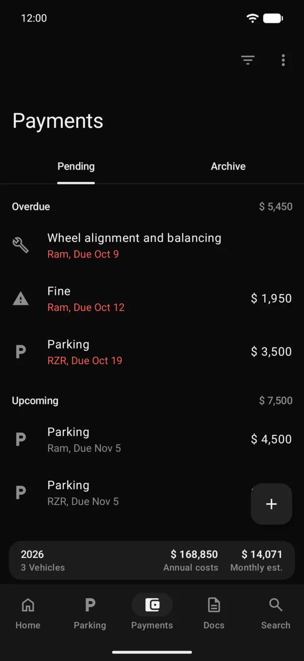The Payments tab with every vehicle’s pending payments