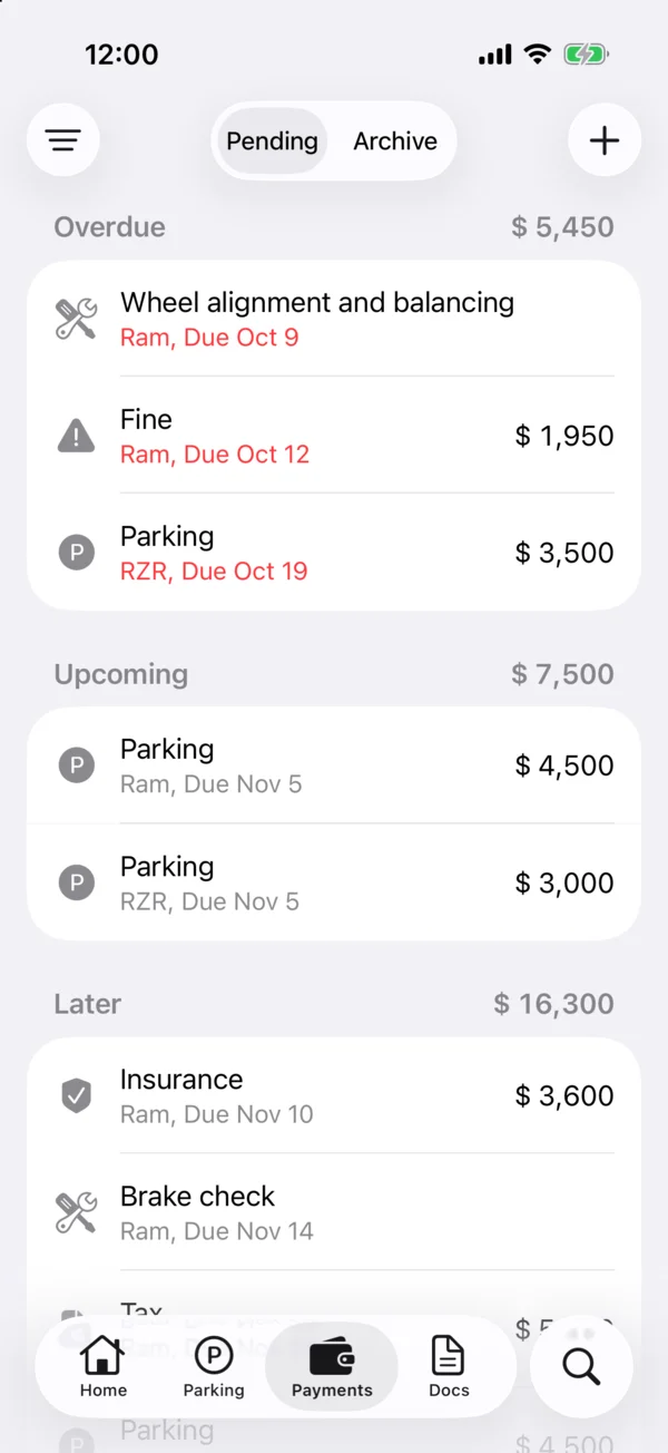 The Payments tab with every vehicle’s pending payments