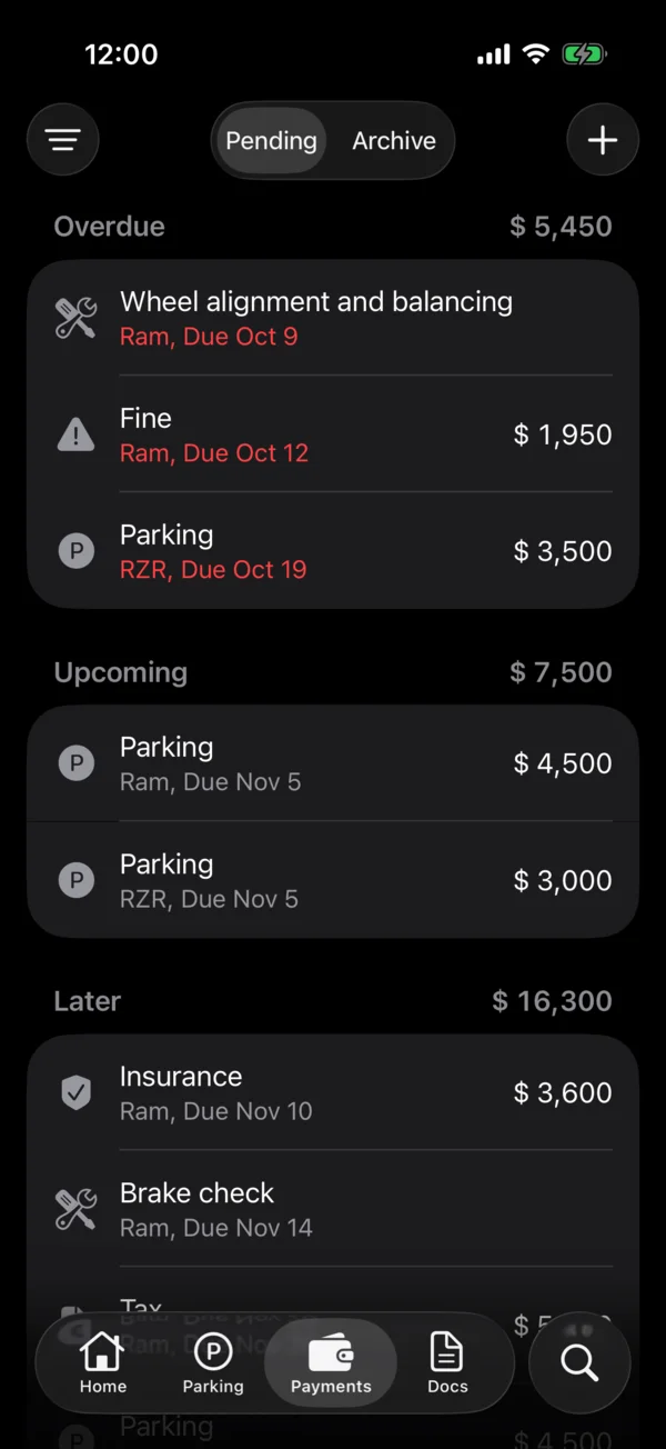 The Payments tab with every vehicle’s pending payments