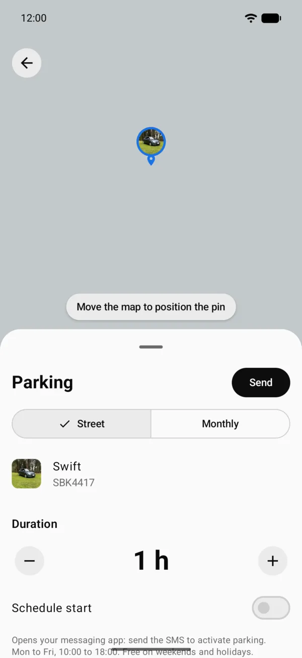 The parking form with the pin on the map and the duration