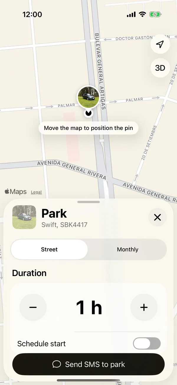The parking form with the pin on the map and the duration