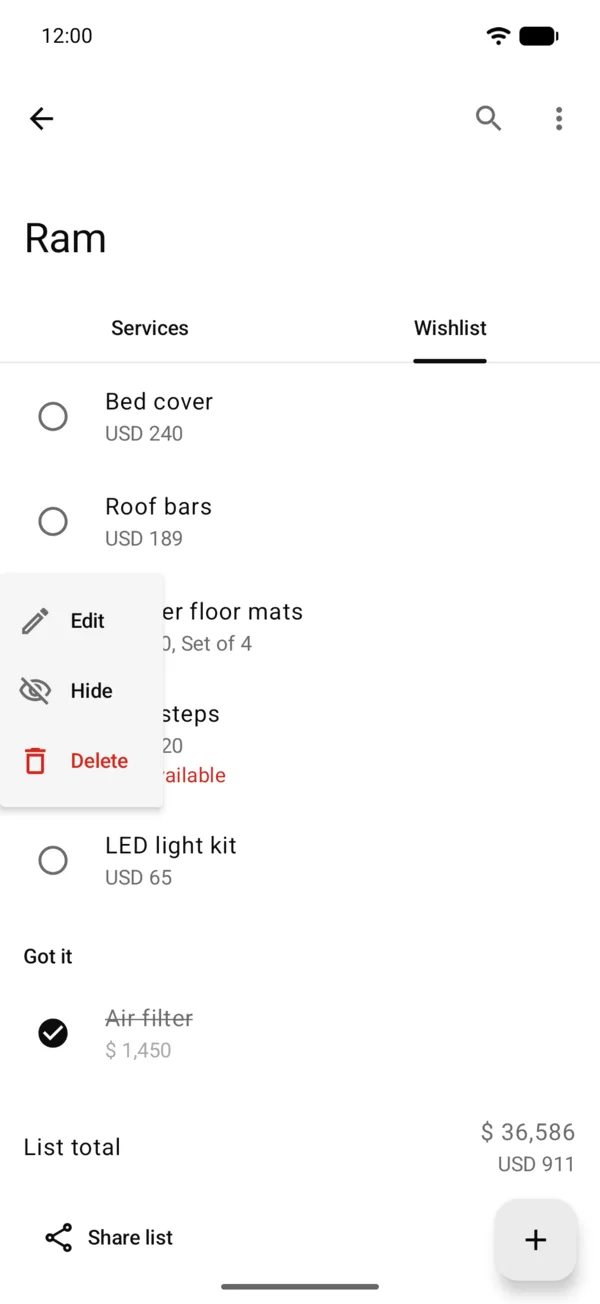 An item’s menu with Edit, Hide and Delete