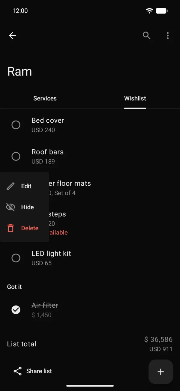 An item’s menu with Edit, Hide and Delete