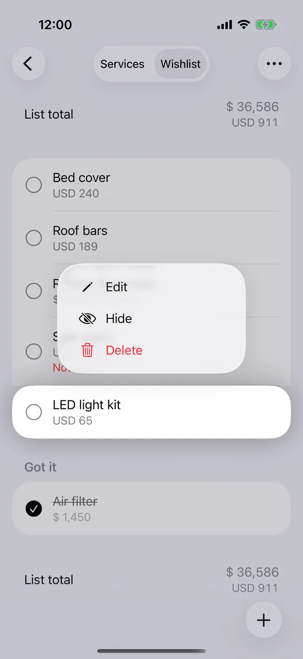 An item’s menu with Edit, Hide and Delete