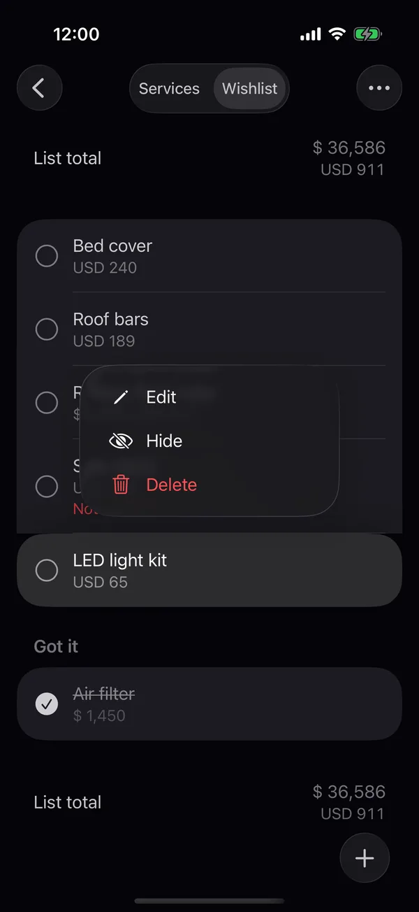 An item’s menu with Edit, Hide and Delete