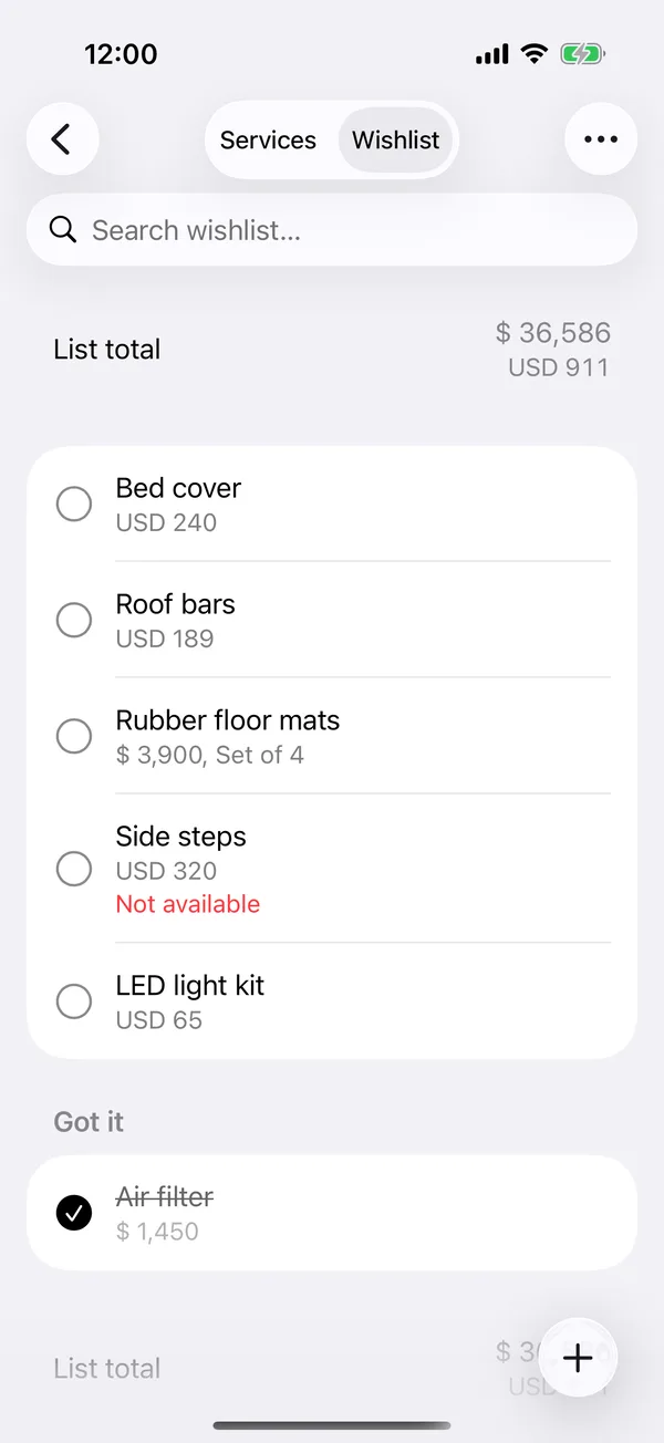 An item marked Not available on the wishlist