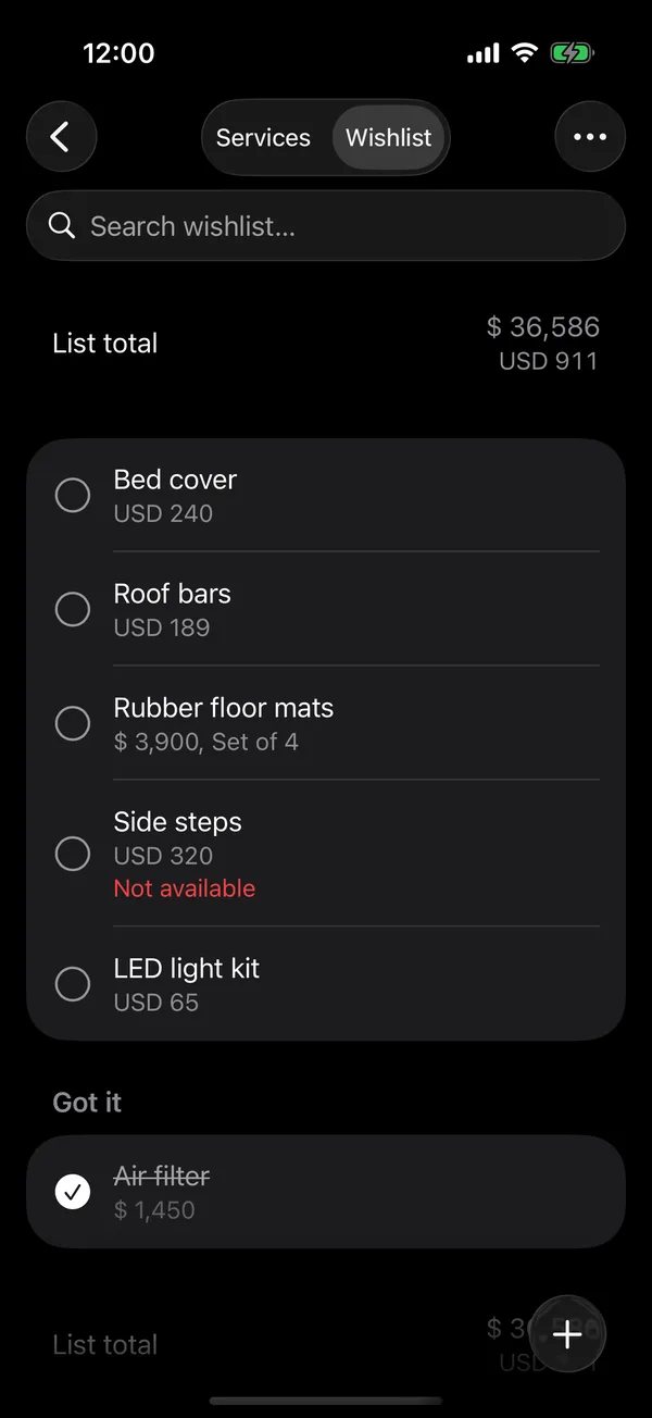 An item marked Not available on the wishlist